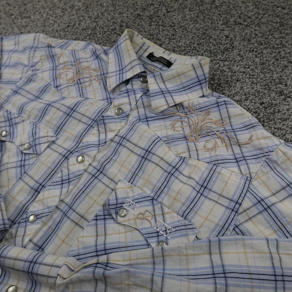 Western Shirt Mens M Blue Plaid Sawtooth Pearl Snap Up Cowboy Rodeo‎ Ranch Yoke